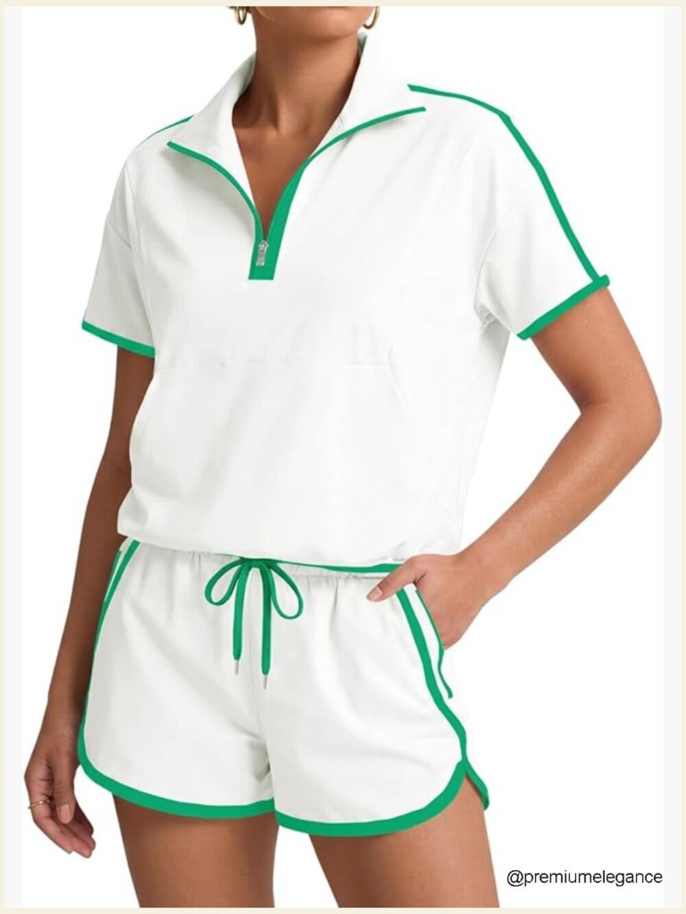 2 Piece Zip V Neck Short Sleeve Top & Shorts Set